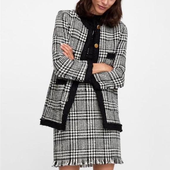 Zara Woman Long Tweed Houndstooth Blazer Style Jacket Coat - Picture 1 of 4